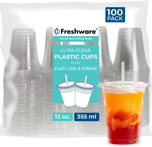 Freshware Vasos de plástico desechables transparentes de 12 onzas con tapas planas y popotes, paquete de 100 vasos de plástico transparente, vasos
