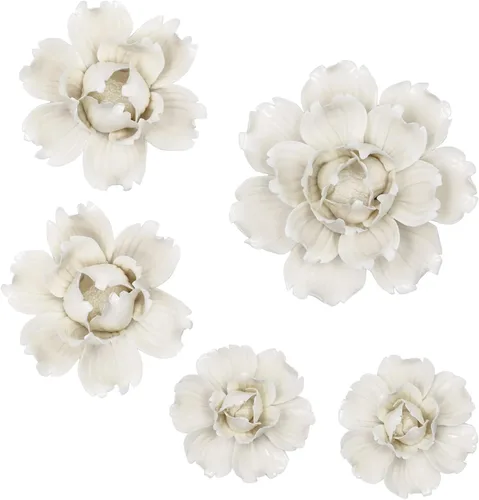 LIUCOGXI 5 piezas de flores de cerámica para decoración de pared hechas a mano 3D colgantes de porcelana, arte de pared, escultura blanca de peonía