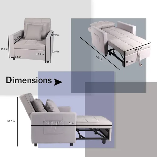 Miniatura 3 de Polar Aurora Silla de sofá cama convertible 3 en 1, tumbona, sillón reclinable individual para espacio pequeño con respaldo ajustable (gris claro)
