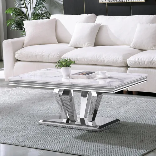 Miniatura 27 de Mesa de centro de mármol negro Henf de lujo, mesa auxiliar rectangular de mármol sintético de imitación con base de acero inoxidable dorado