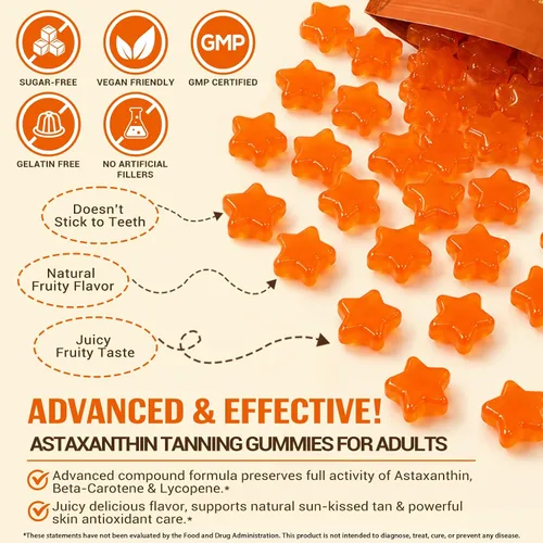 Miniatura 5 de Gomitas bronceadoras, suplemento de bronceado sin sol para mujeres y hombres, con beta-astaxantina, caroteno, licopeno, colágeno y vitaminas