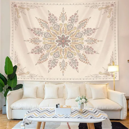 Miniatura 3 de Neasow Tapiz bohemio para colgar en la pared, tapiz floral beige y blanco con estampado de medallón, decoración bohemia para dormitorio, blanco