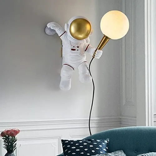 Aplique de pared LED, estilo astronauta, aplique de pared LED de resina para niños, lámpara de pared blanca de dibujos animados para niños,