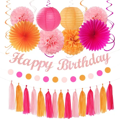 Miniatura 16 de Cartel de feliz cumpleaños rosa y negro para decoración de fiesta – 31 piezas de oro rosa 14º 40º para mujeres y niñas, faroles de papel