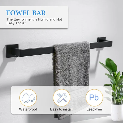 Miniatura 2 de Juego de 6 piezas de accesorios de baño negros de 23.6 pulgadas, juego de toallero doble, toallero, anillo, gancho para abrigo y soporte para papel