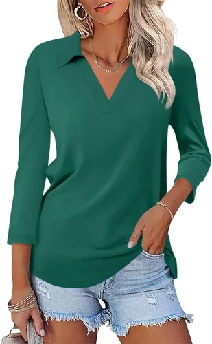 Miniatura 26 de TICTICMISS - Camisas polo de cuello en V para mujer, manga 3/4, con cuello, tops casuales de negocios, tops de verano a la moda, holgados