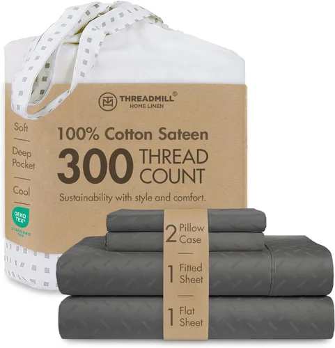 Miniatura 51 de Threadmill Sábanas 100% Algodón para Cama Tamaño King Juego de Sábanas de 4 Piezas para Cama King Suave, Transpirable y Ligero Satén de Damasco