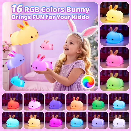 Miniatura 3 de One Fire Juguetes de Conejo para Niños, Luz Nocturna para Niños con Control Remoto, 16 Colores + 5 Niveles de Brillo, Lámpara Linda, Luz Nocturna