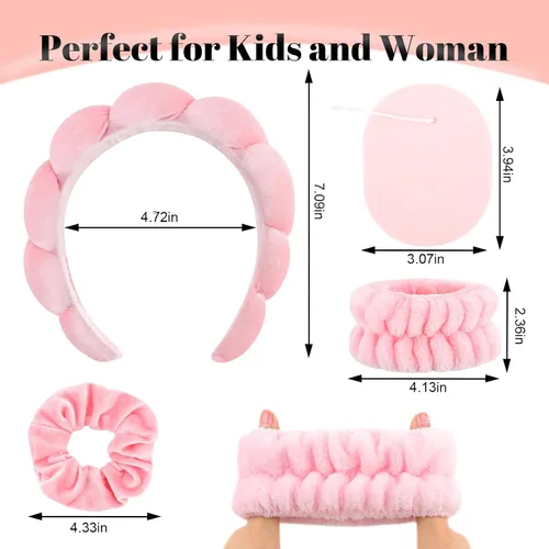 Miniatura 4 de CAVETEE Diadema de maquillaje para mujer, cuidado de la piel rosa para lavar la cara, lindo spa hinchado con banda elástica y esponjas faciales