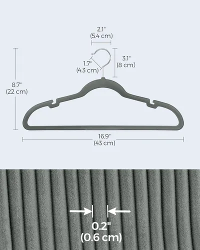 Miniatura 6 de SONGMICS UCRF029G05 - Paquete de 50 ganchos de terciopelo antideslizantes para trajes con muescas para el hombro, barra para pantalones, gancho Gris