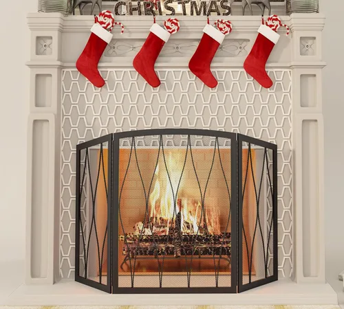 Miniatura 3 de Kingson - Pantalla de chimenea a prueba de niños de 3 paneles, de hierro forjado moderno, hecha a mano, plegable, de malla metálica, resistente