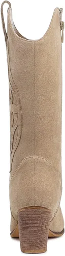 Miniatura 5 de SHIBEVER Botas vaqueras para mujer Medio Botas vaqueras negras de pantorrilla ancha con bordado occidental de tacón alto con punta redonda