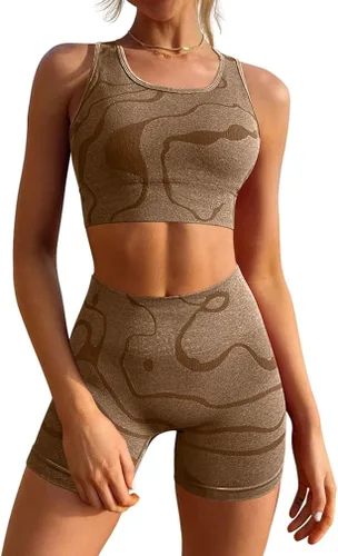 GXIN Trajes de entrenamiento de 2 piezas para mujer, cintura alta, pantalones cortos para correr, sin costuras, gimnasio, yoga, brasier deportivo