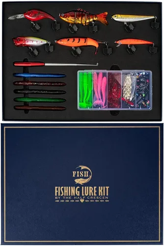 Kit de caja de aparejos de pesca de 104 piezas con señuelos de pesca, ganchos, pesas, herramienta para quitar anzuelos y accesorios de pesca, juego