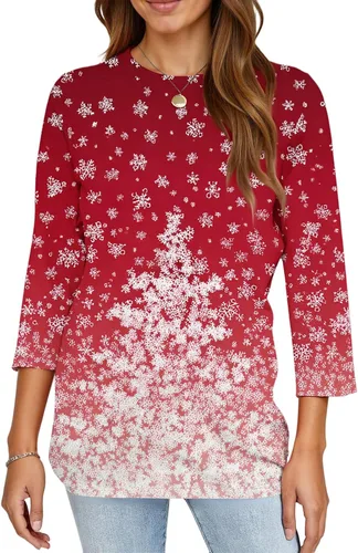 Miniatura 88 de Camisetas de manga 3/4 para mujer, cuello redondo, holgadas, casuales, con estampado floral, camisetas de moda para el trabajo de negocios