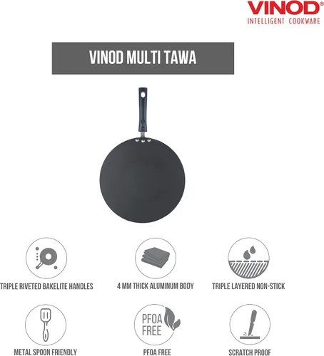 Miniatura 3 de Vinod Cookware - Plancha de cocina plana multi (Tawa) con base de inducción, sartén antiadherente 100% de aluminio con superficie antiarañazos