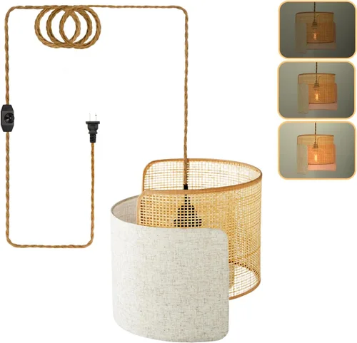 Lámpara colgante boho con enchufe, lámpara de araña boho regulable sin escalones con pantalla tejida de bambú y lino, lámpara colgante enchufable de