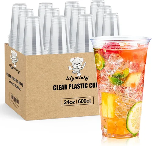 Lilymicky Paquete de 600 unidades de vasos de plástico transparente de 24 onzas, vasos desechables de PET para beber, cristal claro, perfecto para