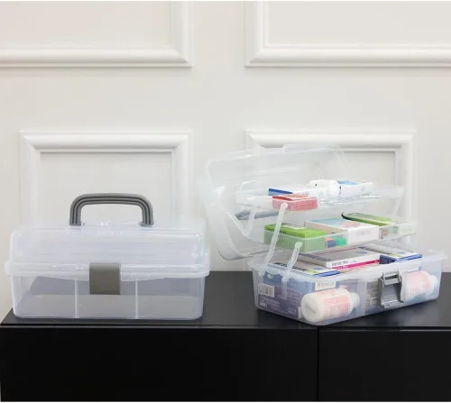 Miniatura 5 de Bandejas de 2 niveles, caja organizadora de contenedores de almacenamiento de plástico gris transparente, funda de transporte portátil multiusos