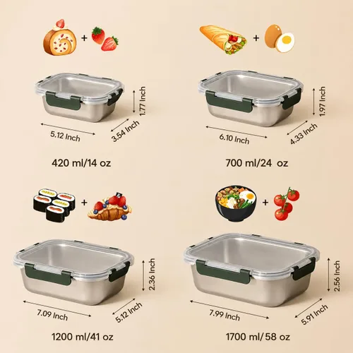 Miniatura 2 de Cuiselect 4 cajas de almuerzo de acero inoxidable de 4 tamaños, a prueba de fugas y aptas para lavavajillas, contenedores apilables de acero
