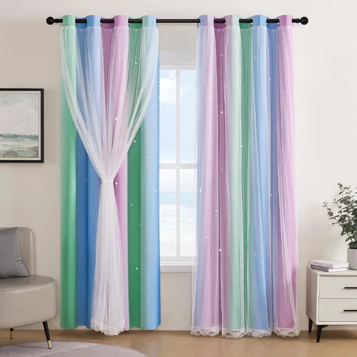 Miniatura 81 de XiDi Cortinas opacas con estrellas para habitaciones de niños, cortinas verdes para ventana de dormitorio de niños, azul y gris, 52 pulgadas de Azul