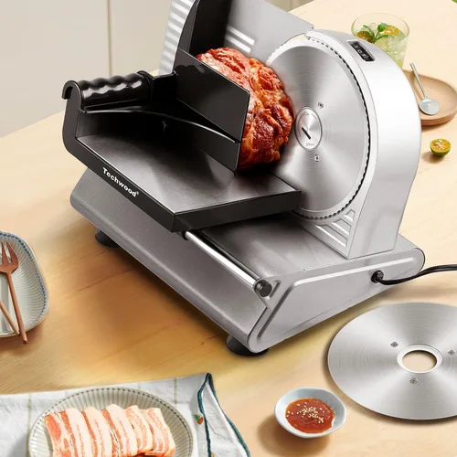 Miniatura 8 de Techwood - Cortador eléctrico de 150 W para uso doméstico con 2 cuchillas extraíbles de acero inoxidable de 7.5 pulgadas, cortador de pan de frutas