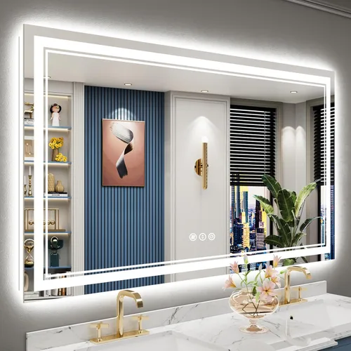 Miniatura 55 de 30x36 Espejo de baño LED con luces, retroiluminado y luz frontal, espejo de tocador iluminado antivaho para pared de baño, 3 colores, regulable