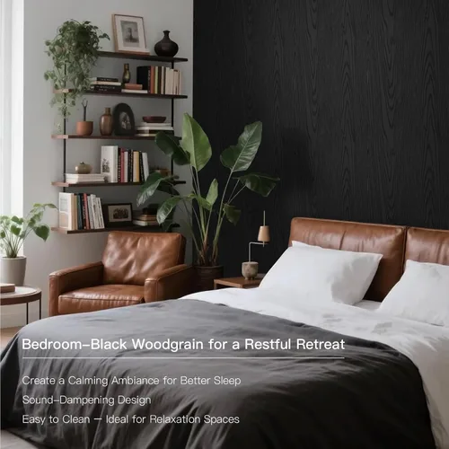Miniatura 7 de Ismoon Papel tapiz de contacto negro para despegar y pegar, papel de contacto de grano de madera de 17.5 x 118 pulgadas, papel de contacto