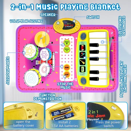 Miniatura 2 de Juguetes de Alfombra Musical 2 en 1 para niños de 1, 2, 3, 4, 5 años, teclado de piano y batería con 2 baquetas, juguetes educativos de aprendizaje