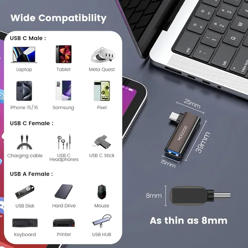 Miniatura 7 de MOGOOD Adaptador USB C OTG 2 en 1 con carga PD de 100 W, puerto USB 3.0, ángulo recto para Galaxy S24, Quest 3, iPad, Chromecast, Pi-KVM - Datos