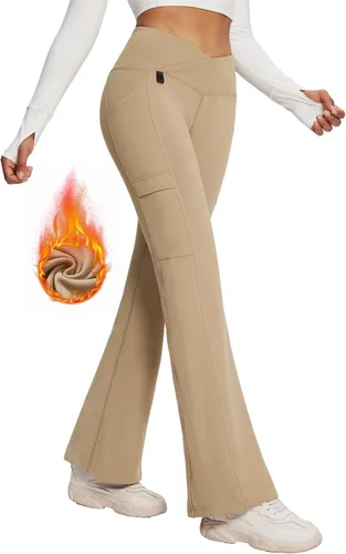 BALEAF Pantalones con forro polar para mujer, resistentes al agua, cruzados, acampanados, corte de bota, senderismo, invierno, al aire libre