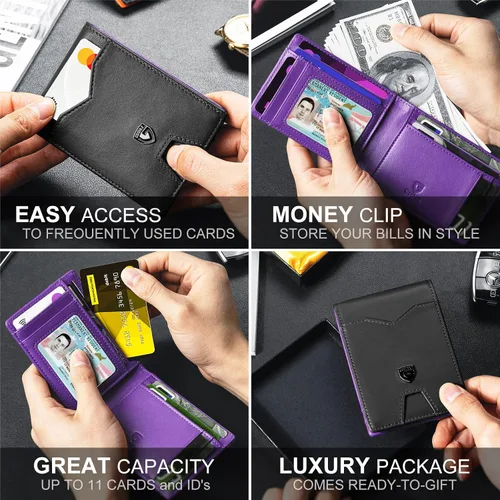 Miniatura 3 de GSOIAX Billetera delgada para hombre, minimalista, de piel auténtica, fibra de carbono, bloqueo Rfid, doble tarjetero con caja de regalo, Negro