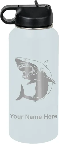 Miniatura 13 de LaserGram Botella de agua personalizada, gran tiburón blanco, acero inoxidable de doble pared aislada al vacío con popote superior, regalo grabado