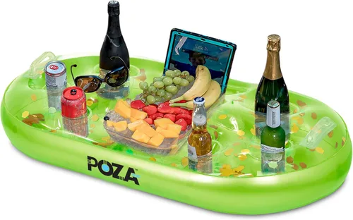 Miniatura 15 de POZA Hielera flotante inflable dorada – Lujoso soporte para bebidas relleno de confeti brillante, flotador de fiesta premium con 8 soportes, barra