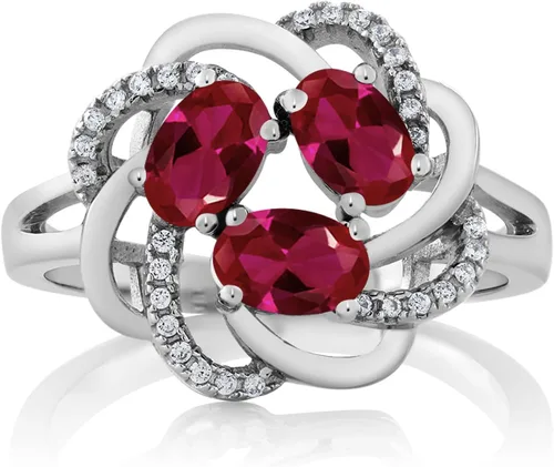 Miniatura 2 de Gem Stone King Flower Blossom Gemstone Birthstone Ring in 925 Sterling Silver 3-Stone Oval 6X4MM with Sparkling Accents Wedding Anniversary