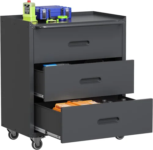 Miniatura 20 de Armario de almacenamiento de metal para garaje con ruedas, gabinete rodante con cerradura para herramientas con cajón y estantes, gabinete móvil
