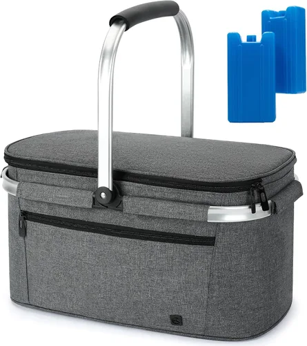 Miniatura 20 de ALLCAMP Cesta de pícnic, 2 cajas de hielo incluidas con enfriador aislado de 32 litros, cesta de picnic plegable gruesa con cestas extraíbles