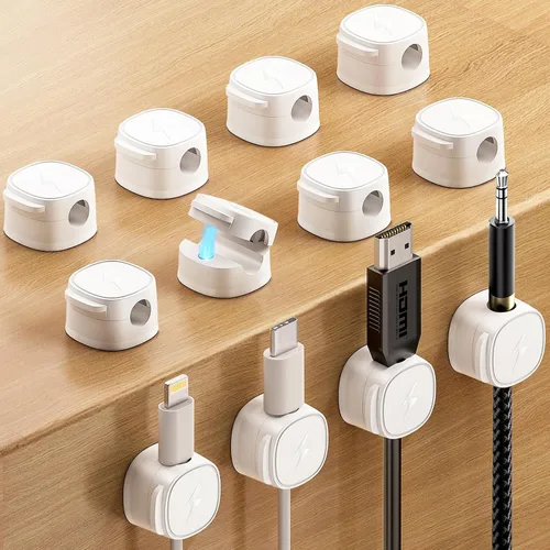 Miniatura 18 de Clips magnéticos para cables [bloqueo 1s], organizador de cables adhesivos para mesita de noche, paquete de 6 clips de gestión de cables