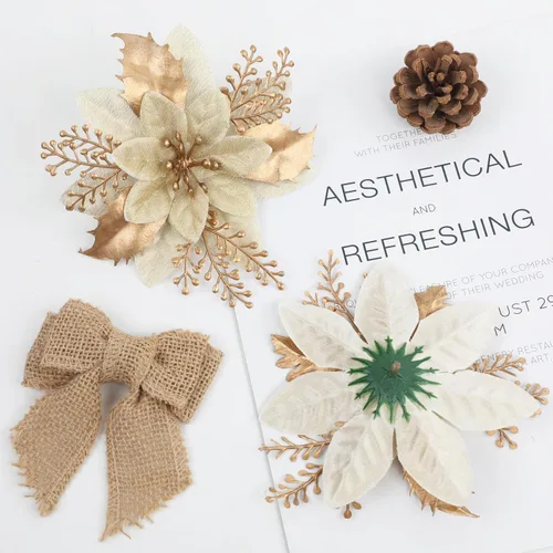 Miniatura 2 de 24 piezas de flores de Pascua doradas de 6 pulgadas para decoraciones de árbol de Navidad - Flores artificiales para adornos de árbol de Navidad