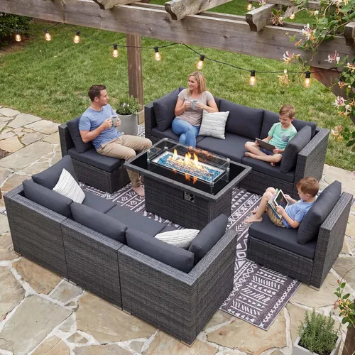 Miniatura 104 de NICESOUL Juego de muebles de patio para exteriores de 7 piezas con mesa para hoguera, gas natural y propano convertible, respaldo alto de 29.3