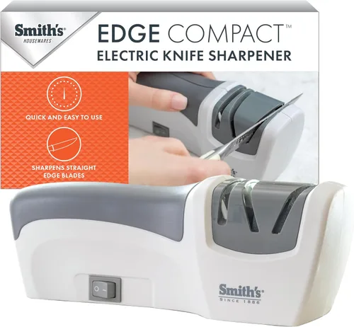 Smith's 50097 Afilador de cuchillos eléctrico compacto | Blanco y gris | Afilador de cuchillos de cocina de 2 etapas | Eléctrico y manual | Guía de