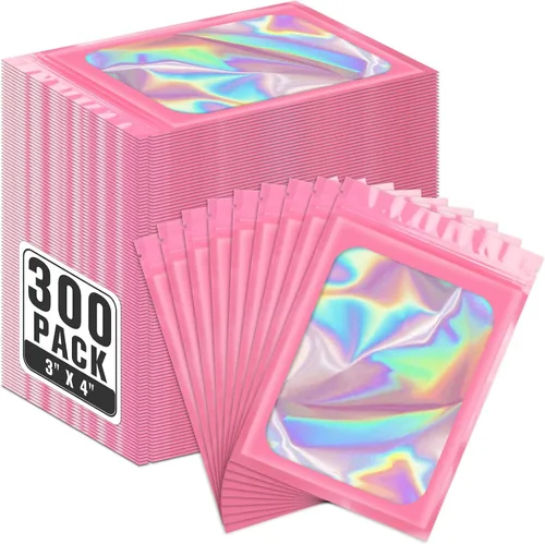 Miniatura 25 de ANZNKU Paquete de 300 bolsas multicolor para bolígrafos, bolsas holográficas de Mylar con ventana transparente, bolsas de embalaje a prueba