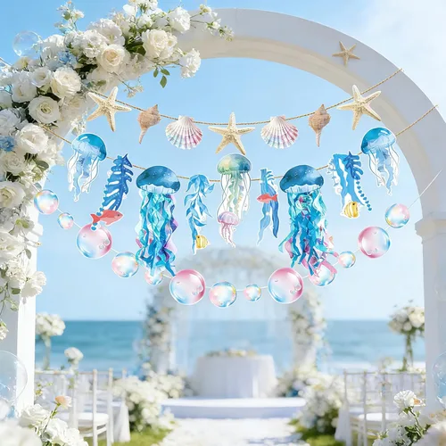 Miniatura 8 de SUNBEAUTY Guirnalda colgante de medusas de estrellas de mar con conchas de mar de 9.8 pies, guirnalda de burbujas azules para decoración