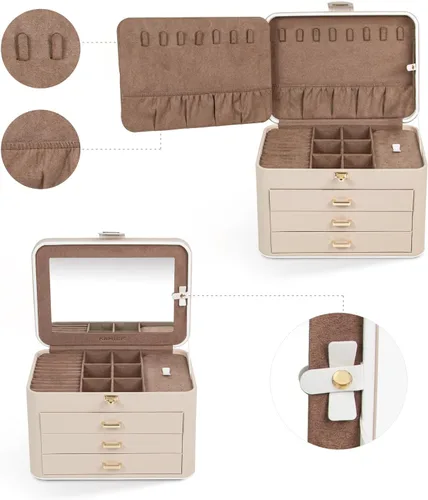 Miniatura 2 de KAMIER Caja organizadora de joyas, organizador de joyas de 4 capas con espejo, 3 cajones, caja de joyería grande para pulseras, aretes, anillos
