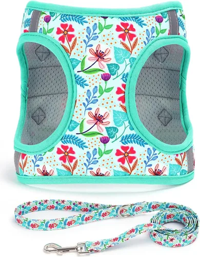 Miniatura 10 de Arnés para perro con correa, arnés reflectante para todo clima, sin tirones, con patrón floral, acolchado, malla para gatos, cachorros, perros