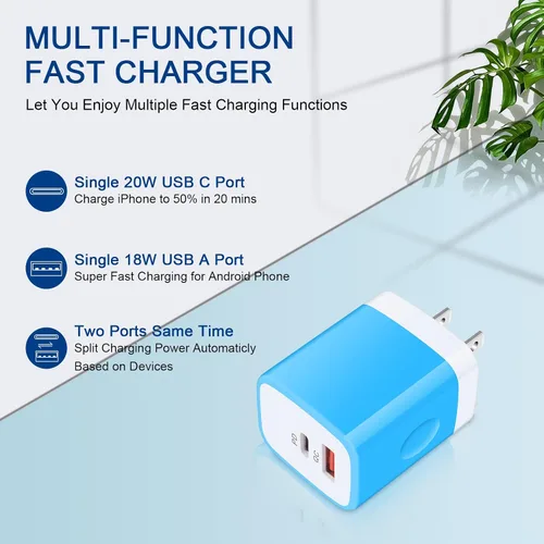 Miniatura 2 de Cargador de pared USB C, 2 puertos de 20 W, USB A y USB C [PD/QC 3.0], paquete de 3 adaptadores de enchufe de pared USB-C para iPhone