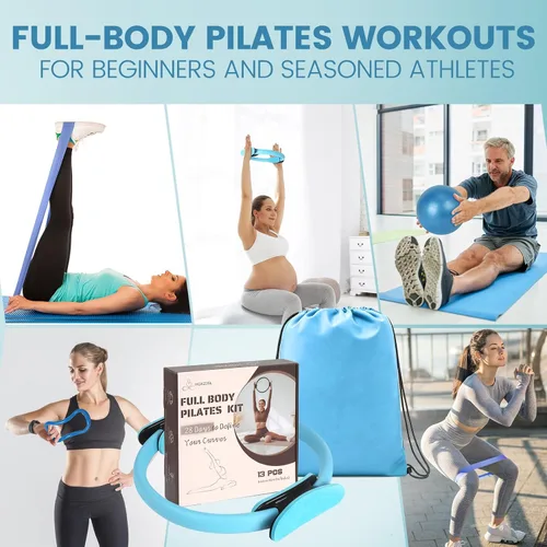 Miniatura 7 de Kit esencial de anillo de pilates para mujer, equipo de entrenamiento en casa con pelota de 9.8 pulgadas, bandas de resistencia, círculo mágico, Azul