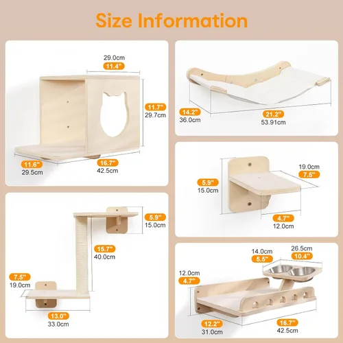 Miniatura 3 de Estantes de pared 5 en 1 para gatos de interior, muebles de gato montados en la pared con estación de alimentación y hamaca extra ancha, escalador