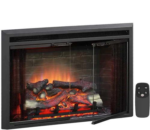 PuraFlame Klaus - Inserto eléctrico para chimenea con sonido de chispas de fuego, puerta de vidrio y pantalla de malla, 750/1500 W, color negro, 33