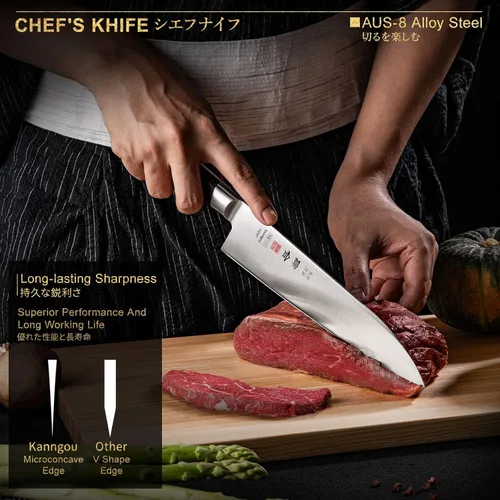 Miniatura 8 de kanngou - Cuchillo de chef japonés de 8.27 pulgadas, cuchillo de cocina Gyuto de acero de aleación AUS-8 de Japón con mango de Pakkawood de espiga